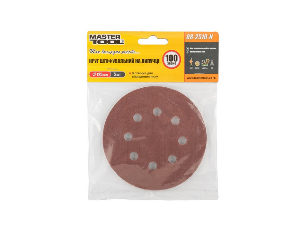 Круг шліфувальний на липучці MASTERTOOL 125 мм/8 отв P100 набір 5 шт 08-2510-H Коломыя - изображение 4