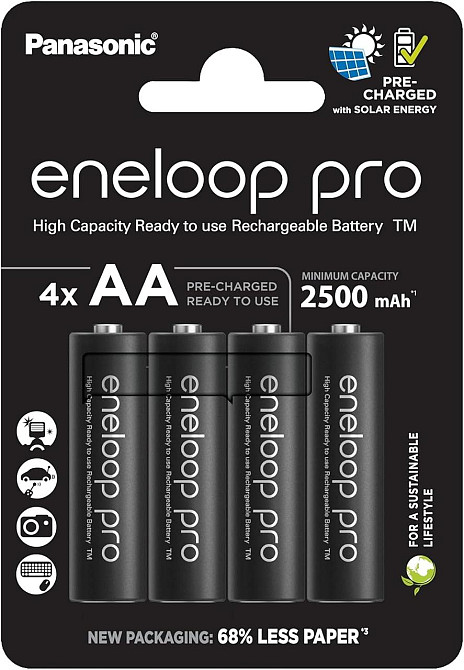 Аккумуляторные батарейки Panasonic eneloop pro AA Ni‑MH 2500 mAh 4 шт 500 циклов черные без пластика Киев - изображение 1