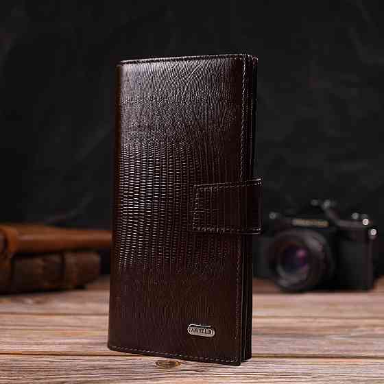 Интересное вертикальное мужское портмоне из натуральной фактурной кожи с тиснением Коричневое (CANPELLINI) Киев
