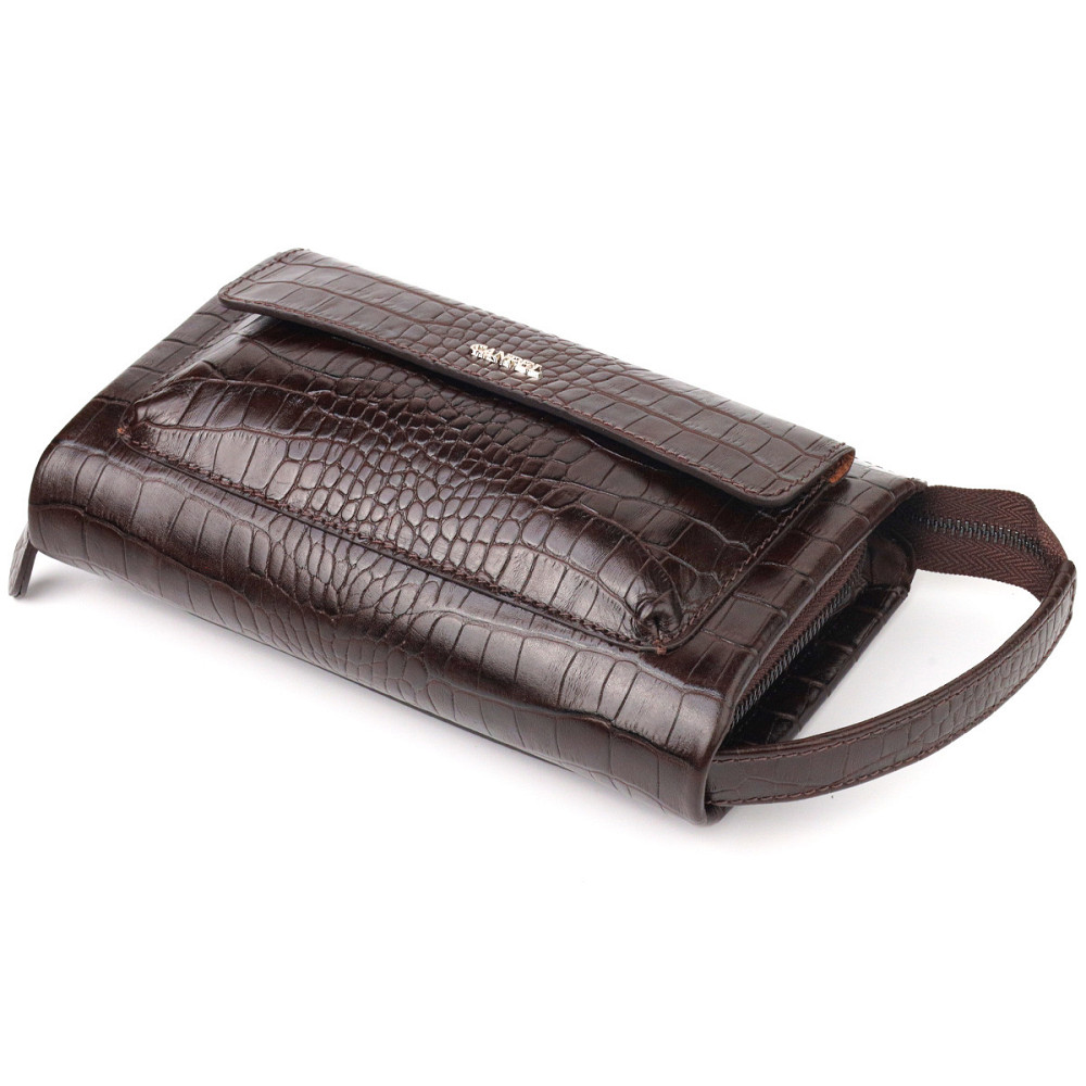 Удобный клатч для мужчин из натуральной фактурной кожи с тиснением под крокодила Коричневый (CANPELLINI) Киев - изображение 9