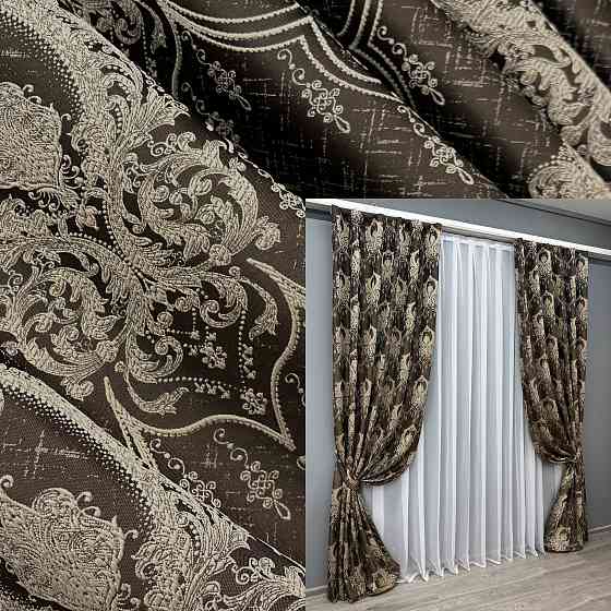 Комплект готових штор VR-Textil Парча № 1774ш Венге з бежевим 155х290 см 2 шт (33-0738) Київ