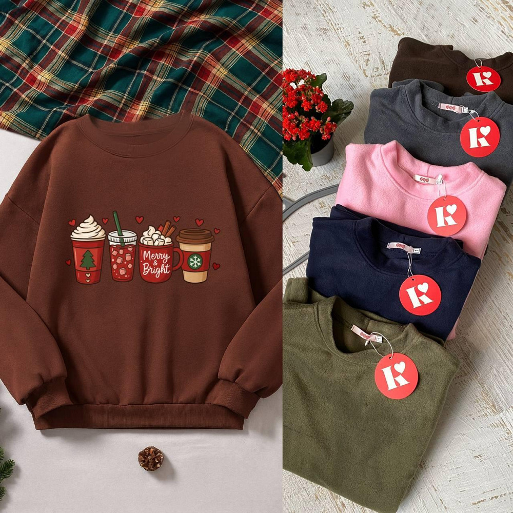 Жіноча затишна оверсайз кофта з новорічним принтом із двостороннього флісу Шоколад 2, 42/46 Одеса - фото 2