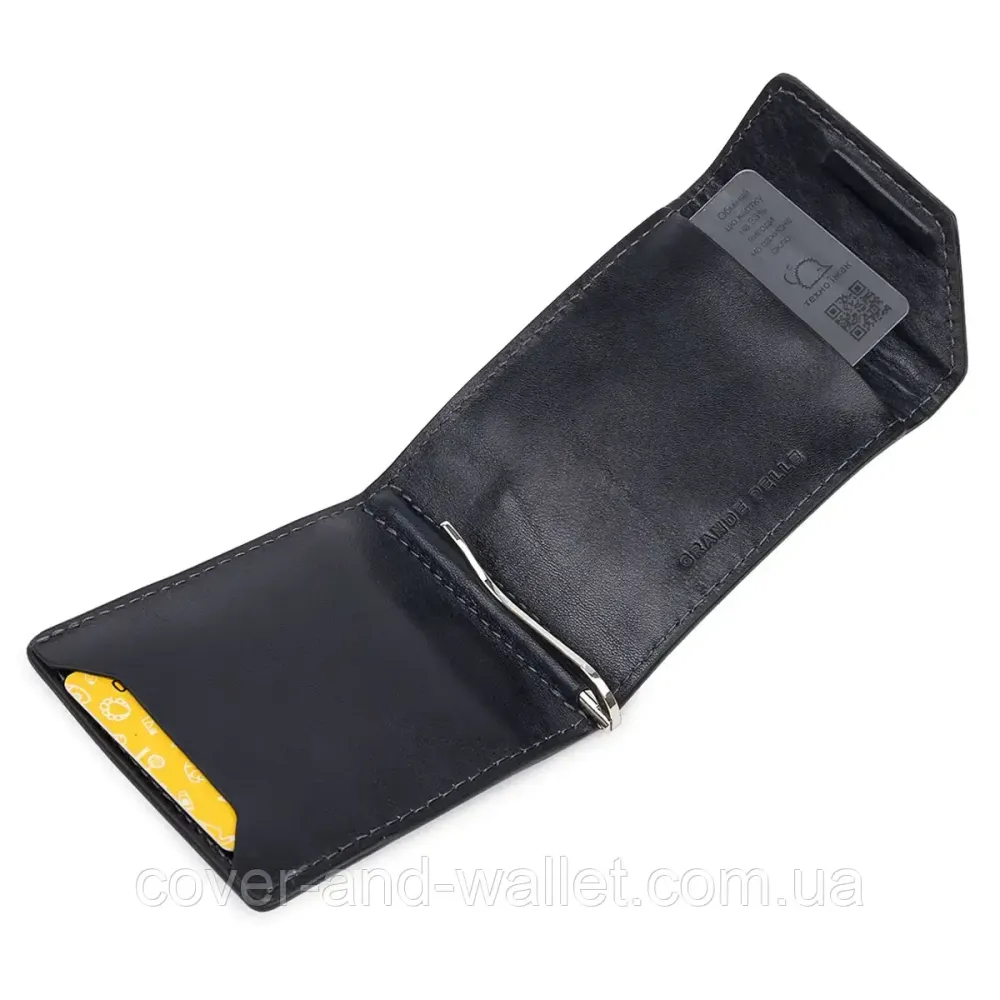 Затискач для грошей на магніті із гладкої шкіри чорного кольору Grande Pelle Soldi Київ - фото 6