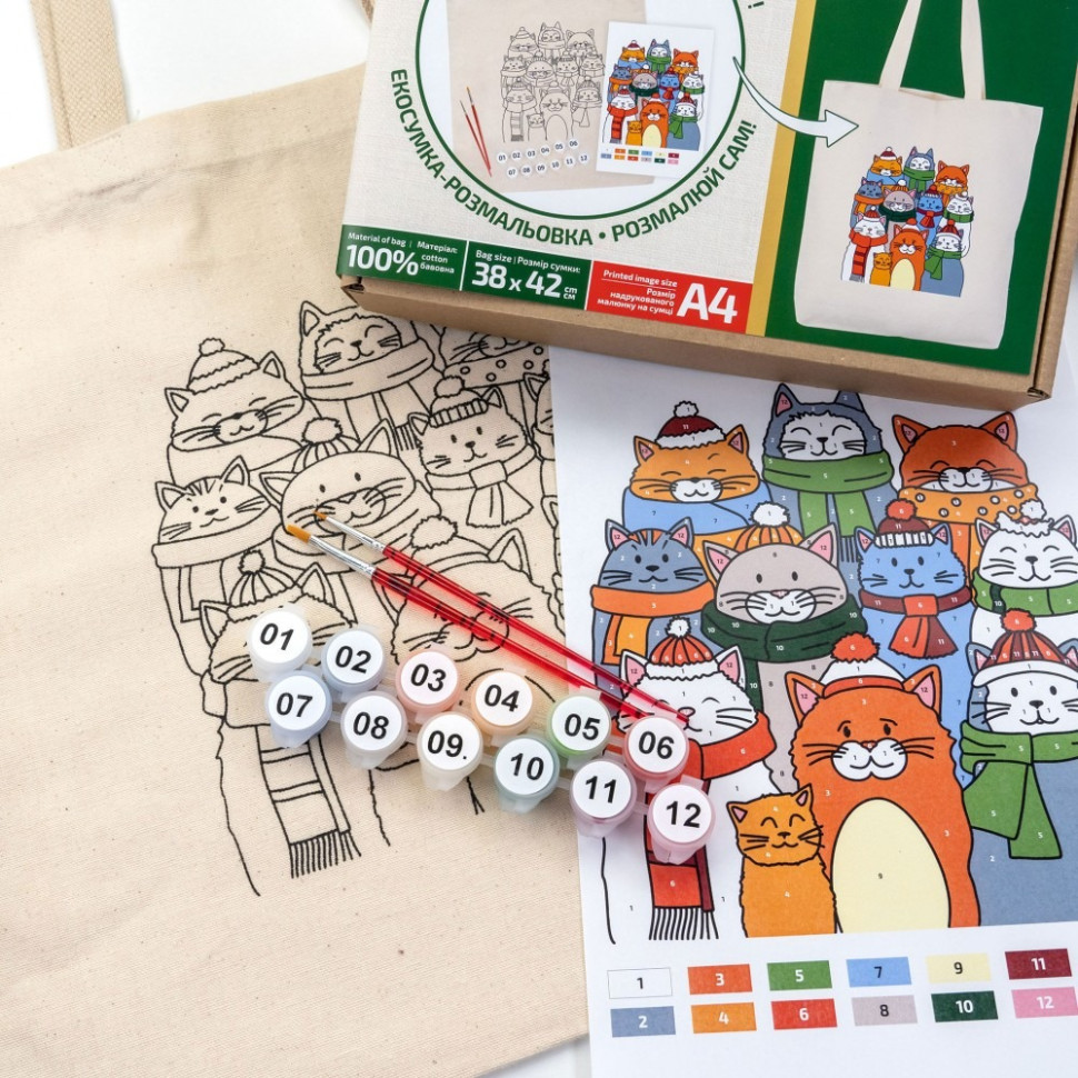 Набір для розфарбовування еко-сумки "Коти в шапках" N0003646 Вінниця - фото 2