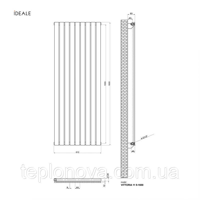 Дизайнерский радиатор 1600/612 (мм) чёрный мат IDEALE VITTORIA (боковое подключение) 11 9/1600/612 Черновцы - изображение 8