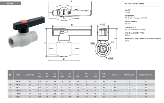 Кран кульовий PPR ø25' (Поліпропілен)  Raftec 25мм RB25 Чернівці
