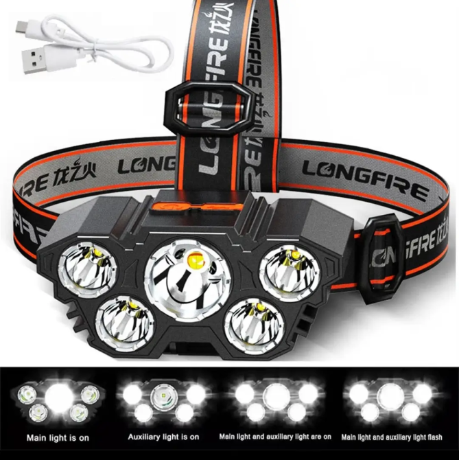 Налобный фонарик на аккумуляторе 5 led с зарядкой USB 4 режима черный Киев - изображение 1