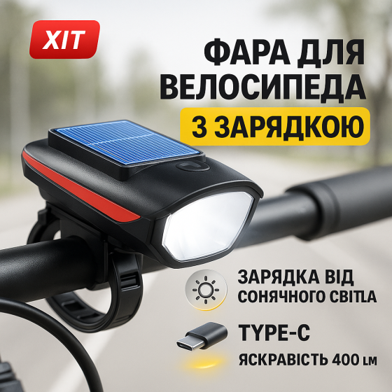 Ліхтар для велосипеда з водозахистом і акумулятором, Світло на кермо велосипеда з акумулятором HT-72 Львів