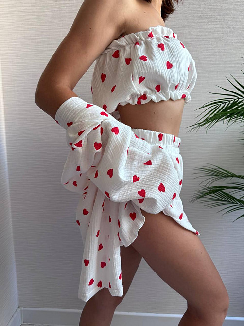 Жіночий ніжний домашній костюм-трійка: халат топ і шорти із сердечками муслін 100% бавовна Білий 2 Одеса - фото 7