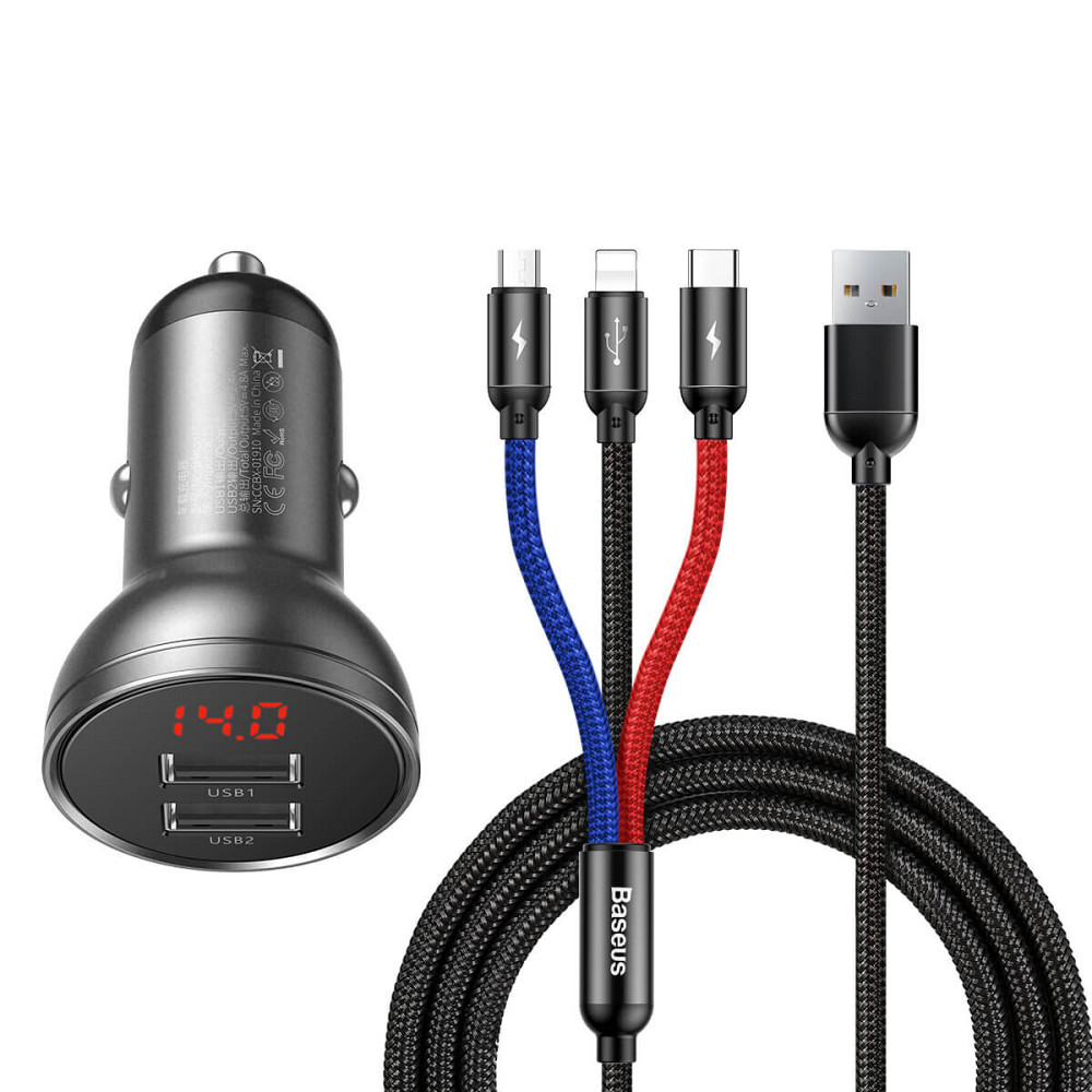 АЗП Baseus Digital Display Dual USB 4.8A Car Charger 24W+Three Primary Colors 3-in-1 Cable1.2M Киев - изображение 1