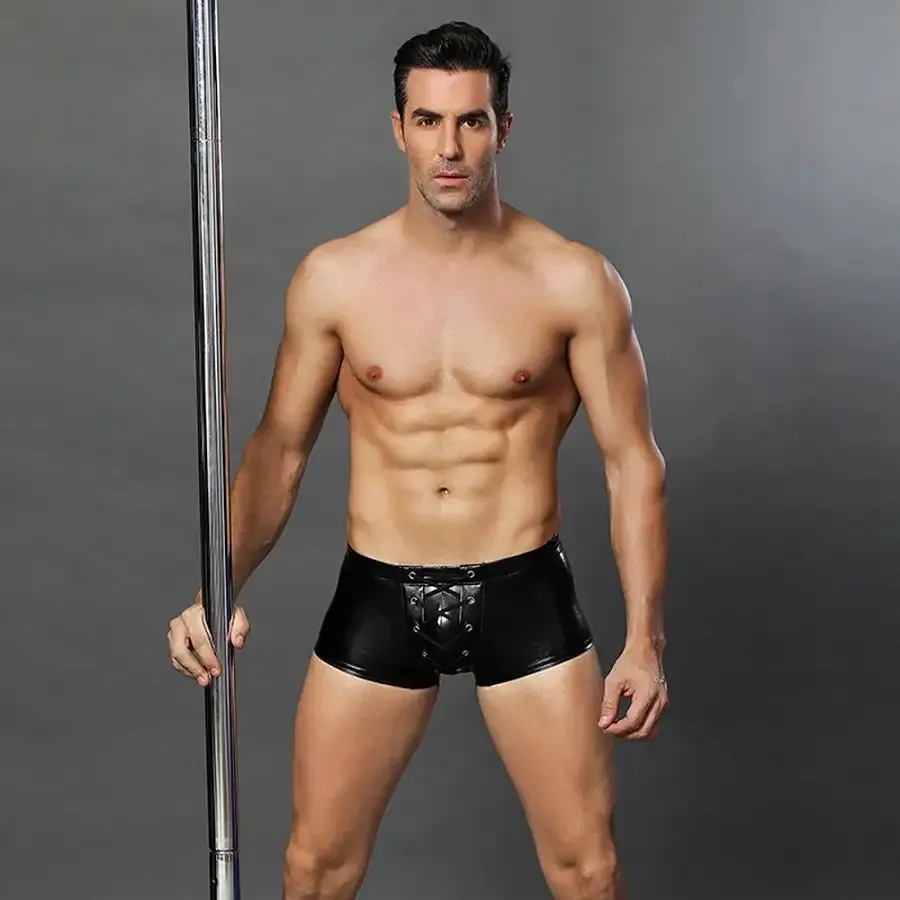 Еротичні чоловічі лакові труси зі шнурівкою One Size Black Львів - фото 3