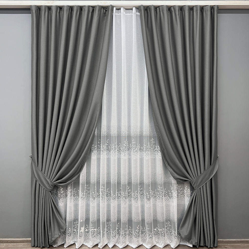 Комплект штор VR-Textil Шеніл 150х270 2шт і Тюль 500х270 1592ш-1680т Сірий з білим 71-195/4 Київ - фото 1