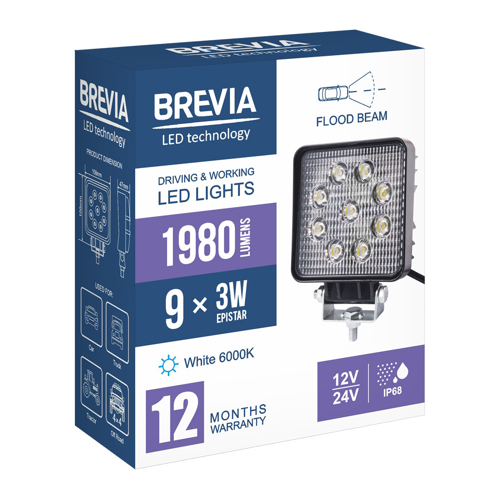 Фара светодиодная Brevia Epistar Flood 10-30V, 27W (9x3W), 1980Lm, 1шт (10642QFX1) Львов - изображение 7