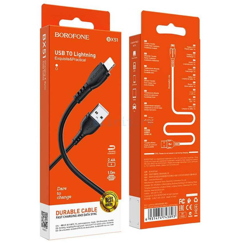 Кабель BOROFONE BX51 USB to iP 2.4A,1m, PVC, PVC connectors, Black Київ - фото 2