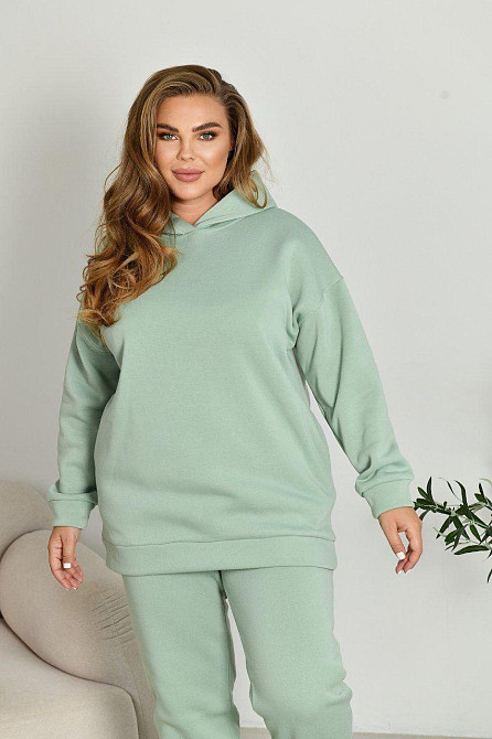 Женский прогулочный костюм: худи и штаны батал в спортивном стиле трехнитка на флисе Фисташковый, 60/62 Одесса - изображение 4