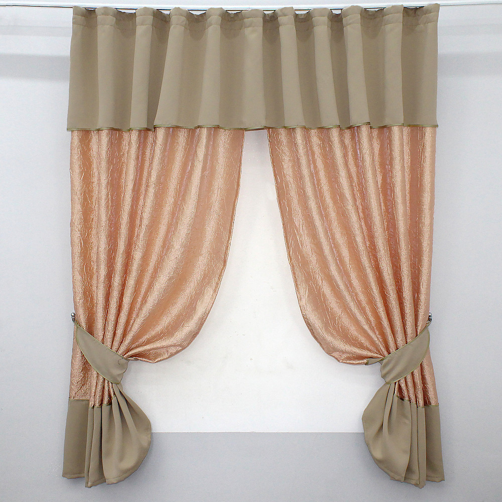 Кухонные шторы VR-Textil № 073к с ламбрекеном и подхватами персиковый с какао 270х170 см (52-0150) Киев - изображение 1