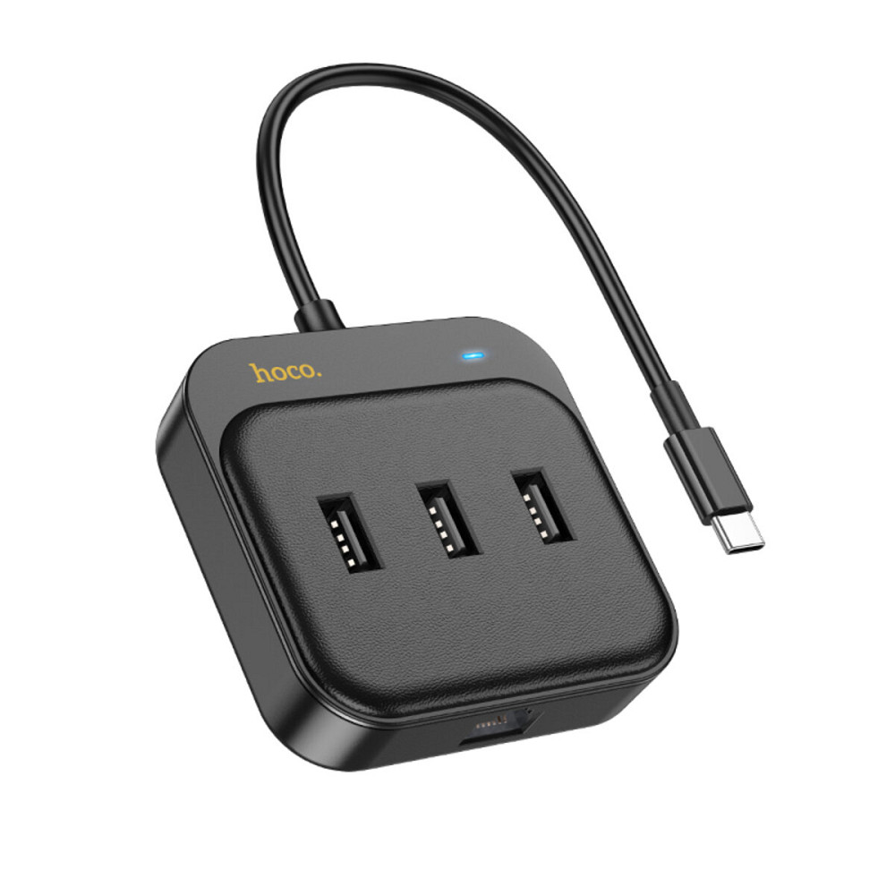 Хаб HOCO HB35 Easy link 4-in-1 100 Mbps Ethernet Adapter(Type-C to USB2.0*3+RJ45)(L=0.2M) Black (6931474798978 ) Київ - фото 1