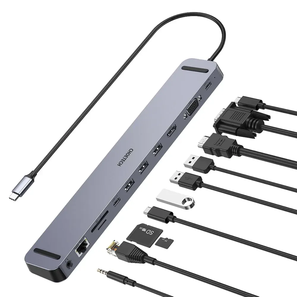 USB-C хаб 11-в-1 Choetech M20 HDMI 4K@30Hz, VGA, 3 USB-A 3.0, USB-C 3.0, RJ45, USB-C PD, SD-card, TF-card, 3.5mm audio (43-00154) Киев - изображение 3
