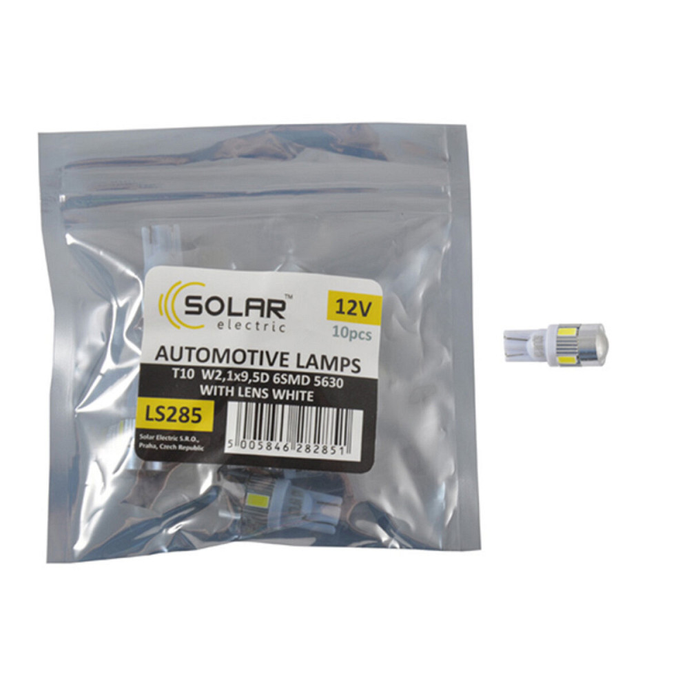 LED автолампа Solar 12V T10 W2.1x9.5d 6SMD 5630 with lens white 10шт Київ - фото 1
