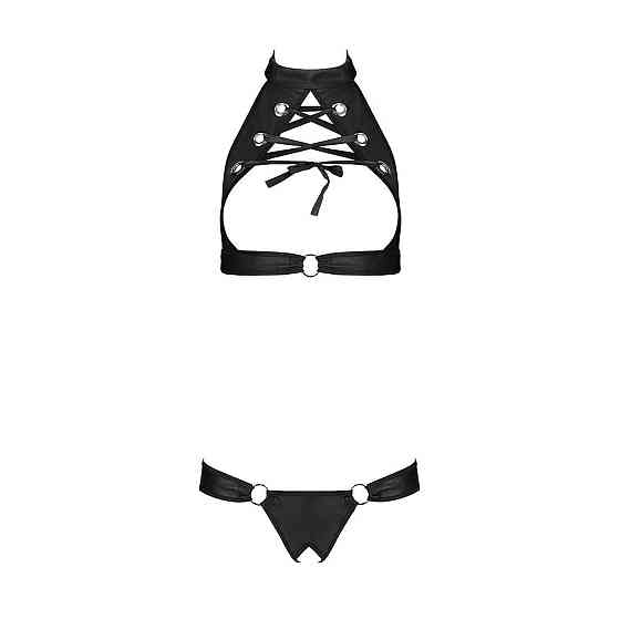 Комплект відкритий топ та трусики з екошкіри з люверсами Passion MALWIA SET with Open Bra L/XL black Sex Aura Київ
