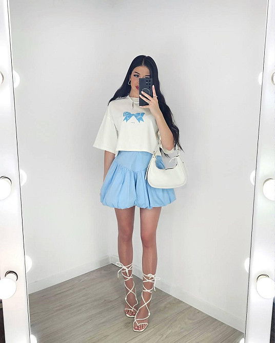 Женский летний романтичный костюм двойка: футболка и юбка турецкий кулир + коттон Голубой, 42/44 Одесса - изображение 4