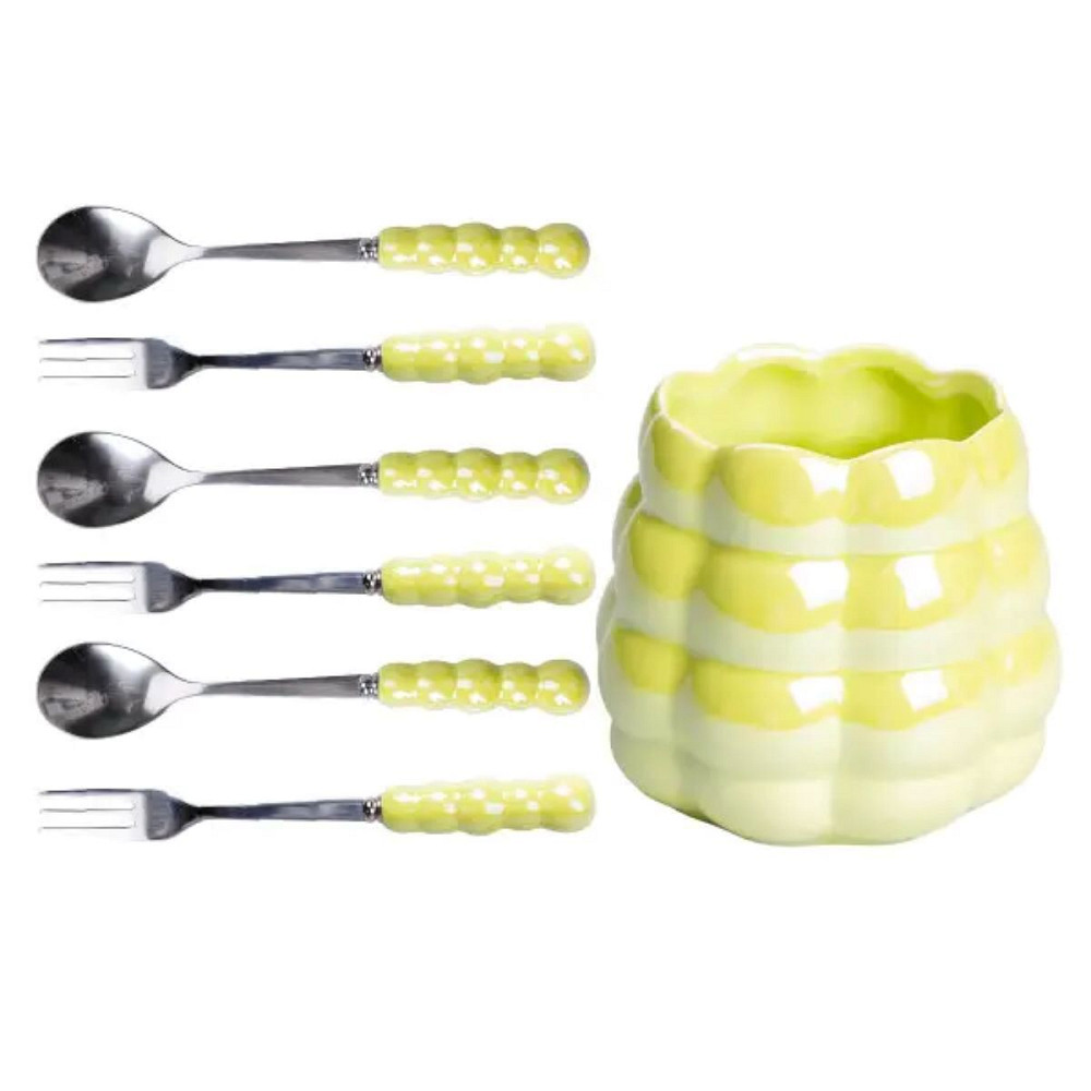 Yiwu Набір десертних виделок і ложок на 3 персони з підставкою з порцелянау 7 предметів Зелений Киев - изображение 1