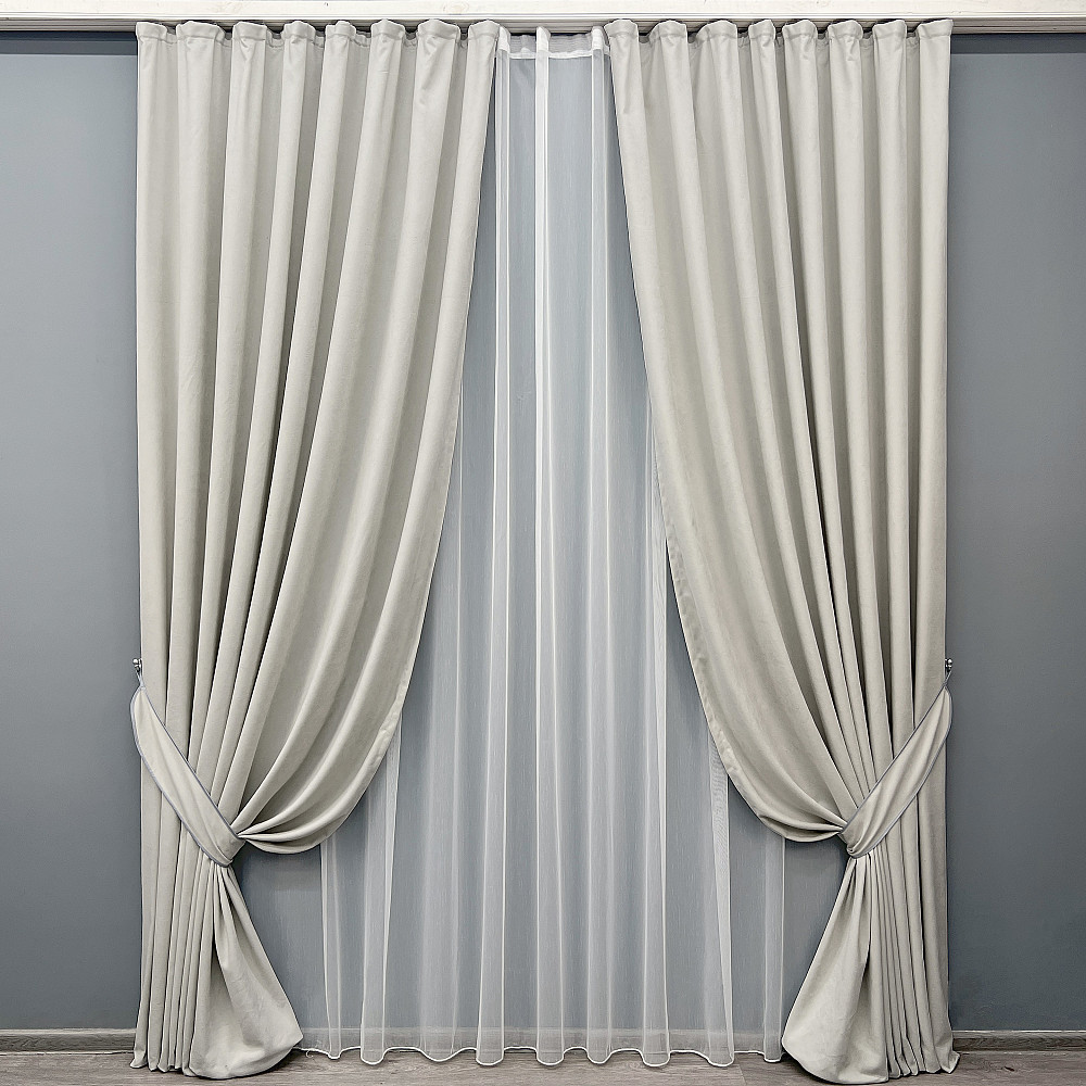 Комплект штор VR-Textil Микровелюр Petek 150х270 2шт и Тюль 400х270 2019ш-1153т Тауп с белым 71-156/3 Киев - изображение 1