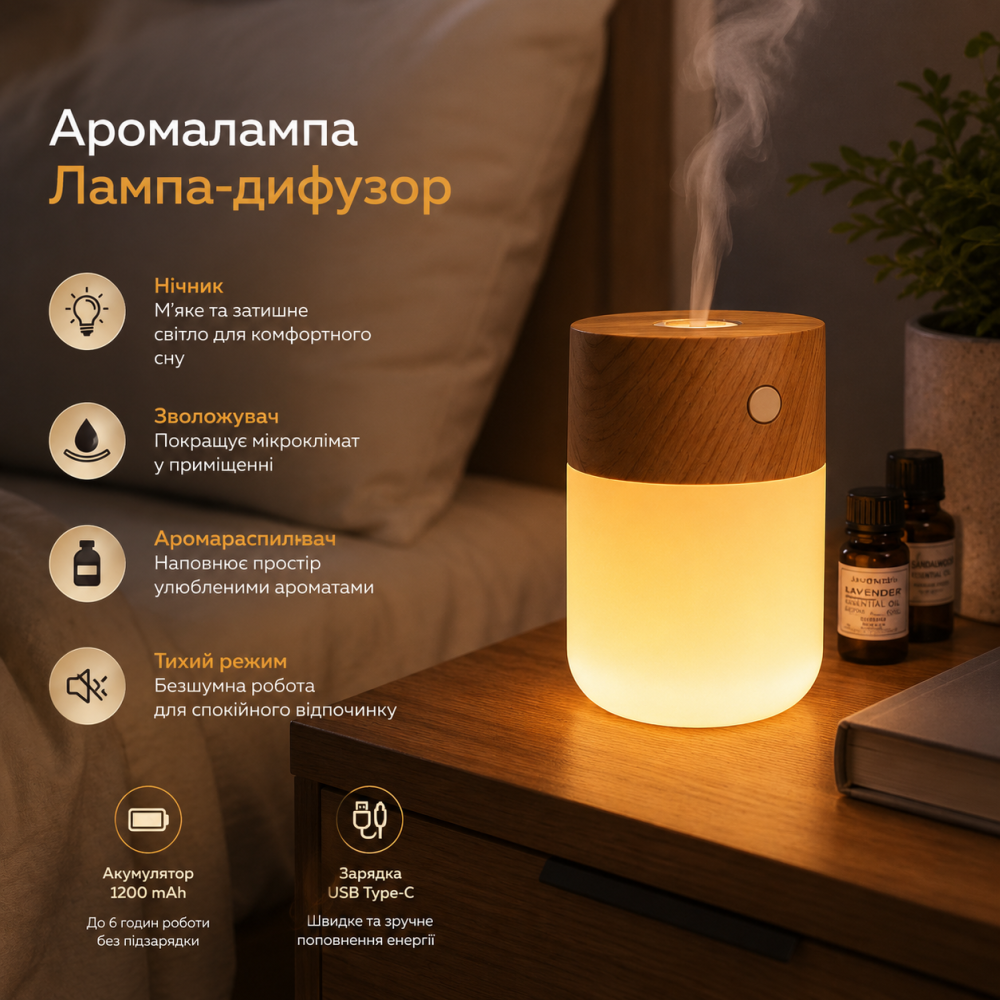 Аккумуляторная аромалампа-диффузор ночник LED с эффектом дерева модель А — Беспроводной прикроватный светильник Киев - изображение 8