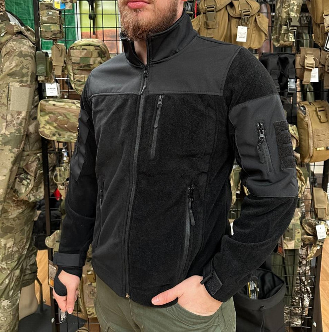 Мужская флисовая кофта Safari Tactical на молнии с Softshell вставками (Черный) 3XL Винница - изображение 1
