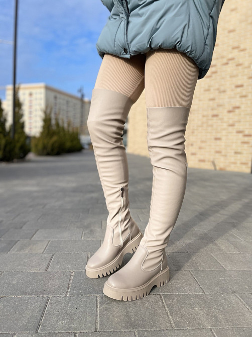 Ботфорти жіночі 1202 капучіно шкіра натуральна зима євро-хутро висота 56см обхват гомілки 34-36 Коломия - фото 1