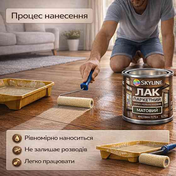 Лак для підлоги матовий Skyline паркетний, акрил-поліуретановий, водний, зносостійкий, без запаху, 750 мл Харків