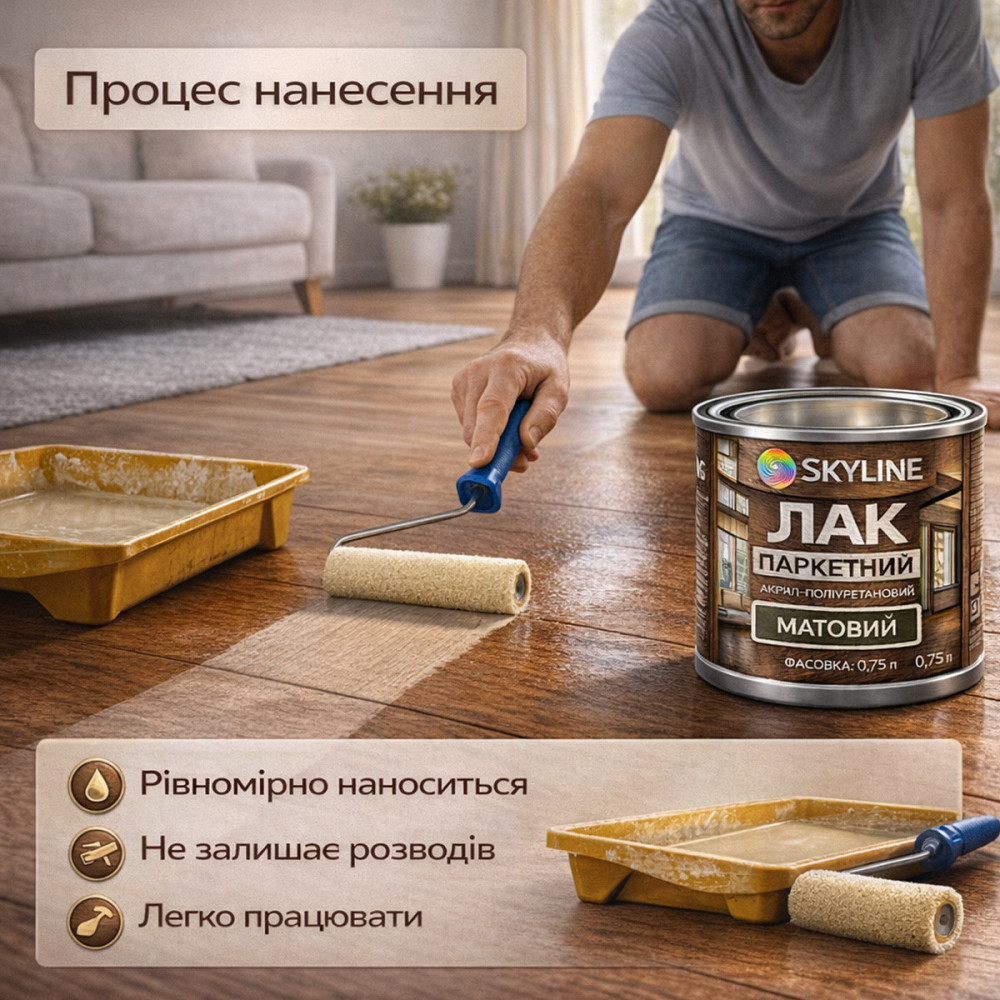 Лак для підлоги матовий Skyline паркетний, акрил-поліуретановий, водний, зносостійкий, без запаху, 750 мл Харків - фото 4