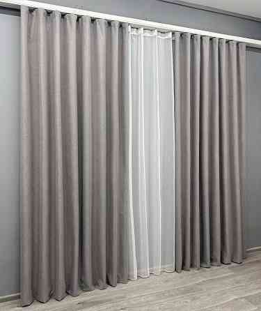 Комплект штор VR-Textil 100% блекаут ASHEN NIGHT 150х270 2шт і Тюль 600х270 1850ш-1153т бежево-сірий з білим 71-091/5 Київ