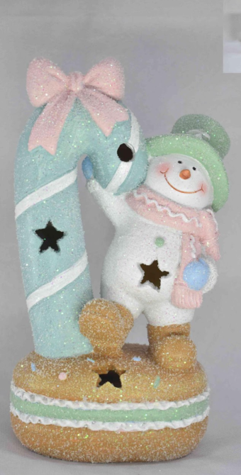 Новорічна декоративна фігурка з підсвіткою 12×8,5×21 см Новорічний декор Сніговик з тростинкою з порцеляни CR-6-10 Коломыя - изображение 1