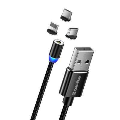 Дата кабель USB 3в1 (Lightning+MicroUSB+Type-C) Magnet only charge ColorWay (CW-CBUU020-BK) Винница