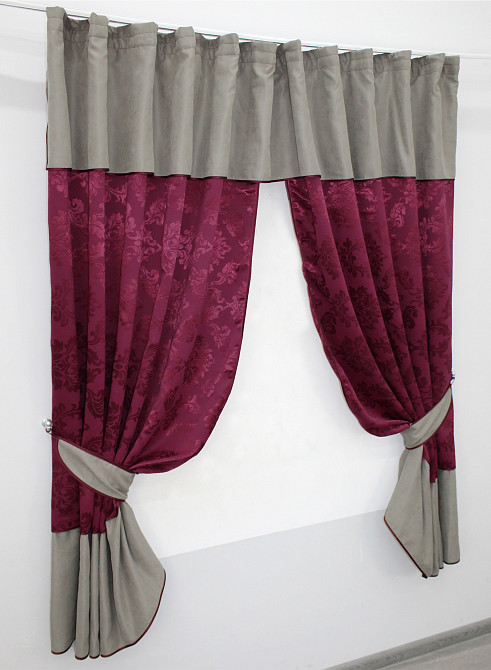 Кухонные шторы VR-Textil № 073к с ламбрекеном и подхватами бордовый с серым 270х170 см (52-0518) Киев - изображение 2