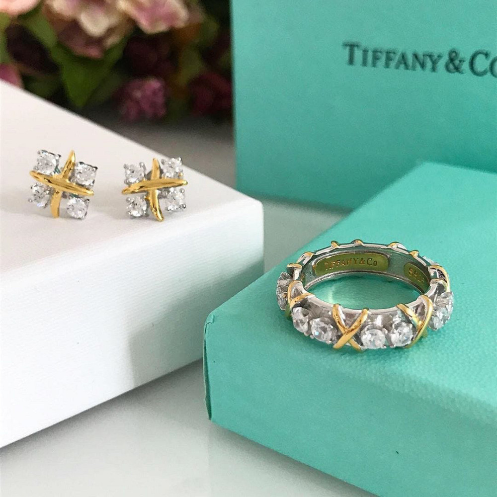 Tiffany Тіффані набір — кільце та сережки з хрестиками срібло 925, позолота/подарункове паковання Одеса - фото 3