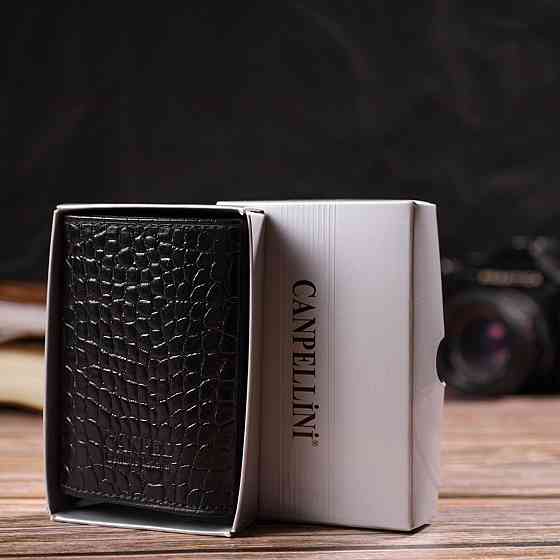 Картхолдер унісекс у три складання з автоматичним механізмом з натуральної шкіри з тисненням під крокодила Чорний (CANPELLINI) Київ
