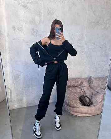 Жіночий прогулянковий костюм-трійка: кофта топ і штани двонитка Чорний, 46/48 Одеса