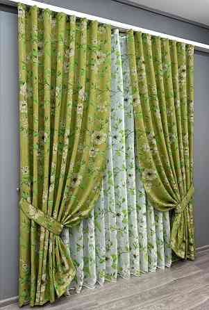 Комплект штор VR-Textil Лен Прованс 200х265 2шт и Тюль 500х265 1726ш-1809т Оливковый с белым 71-106/6 Киев