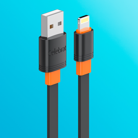 Кабель Celebrat CB-33 USB - Lightning 3A, 1 м, плоский, чорний, для заряджання та передачі даних Київ