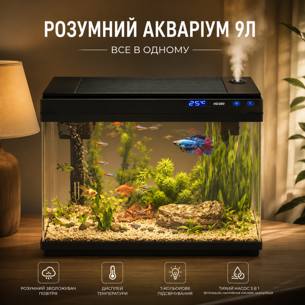 Розумний акваріум Vehipa 9л: Стартовий набір, Зволожувач повітря, LED 7 кольорів, Датчик температури, Тихий насос 3-в-1 Київ - фото 1