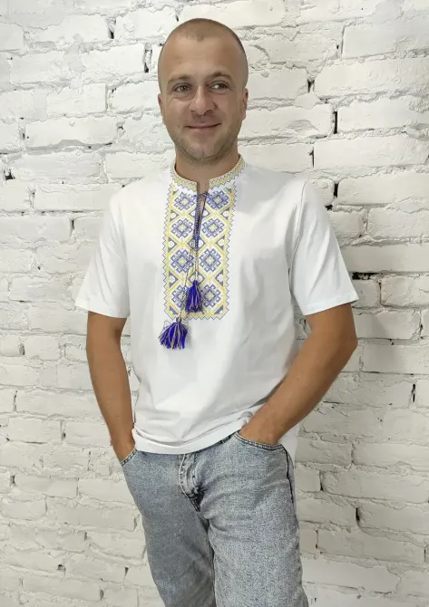 Жіноча вишиванка в білому кольорі з жовто блакитним орнаментом Київ - фото 2