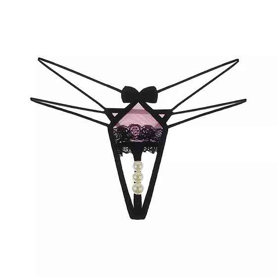 Трусики з вирізом та перлами чорно-рожеві - розмір універсальний, резинка до 92см Київ