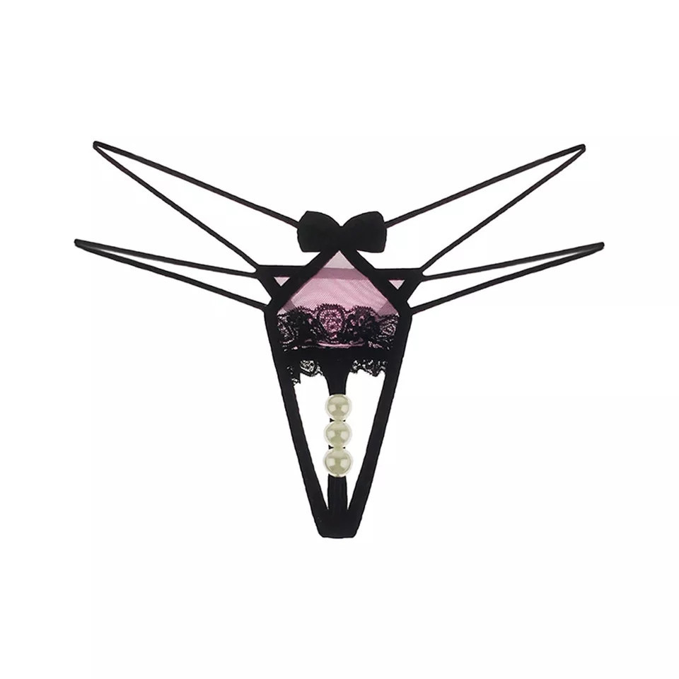 Трусики з вирізом та перлами чорно-рожеві - розмір універсальний, резинка до 92см Київ - фото 1