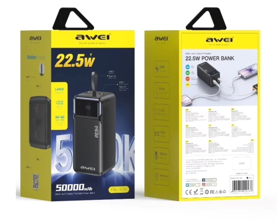 Універсальна мобільна батарея Power Bank Awei PA-106 50000mah 22.5W Чорний Київ