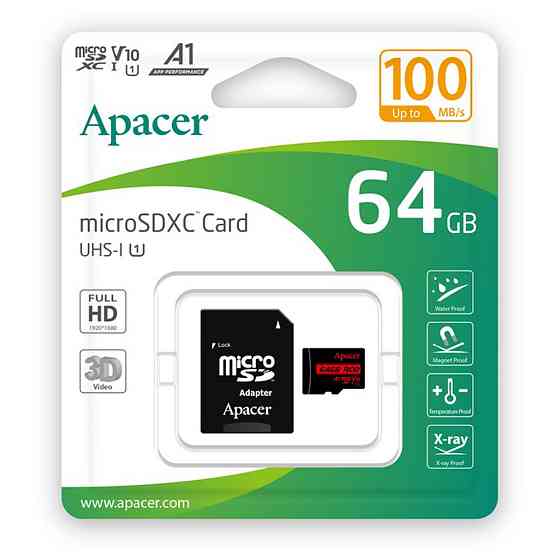 Карта пам'яті MicroSDXC Apacer 64Gb class 10 V10 A1 R100MB / s AP64GMCSX10UB-R Одеса