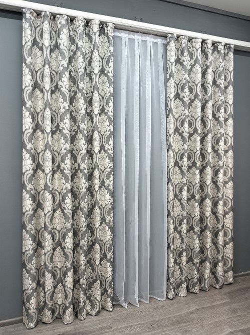 Комплект готовых штор VR-Textil Лен Корона Мария № 1266ш Графитовый с светло-бежевым 130х270 см 2 шт (39-0032) Киев - изображение 4