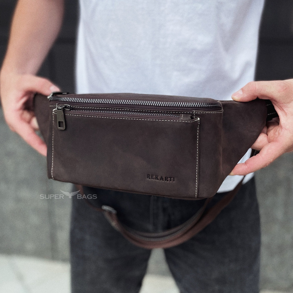 Сумка-бананка из кожи 24х11х8, мужской крези хорс для гаджетов на пояс CH-7371 коричневая Каменское - изображение 2
