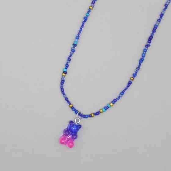 Кулон мишка с цепочкой из бисера 40 см сине-розовый Киев